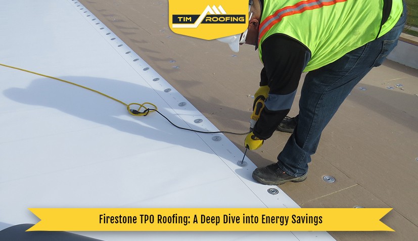 Workers installing Firestone TPO roofing on a commercial building