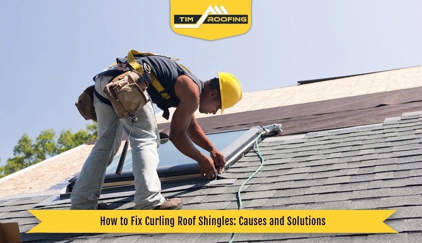 Roofing professional repairing curling roof shingles to prevent further damage.